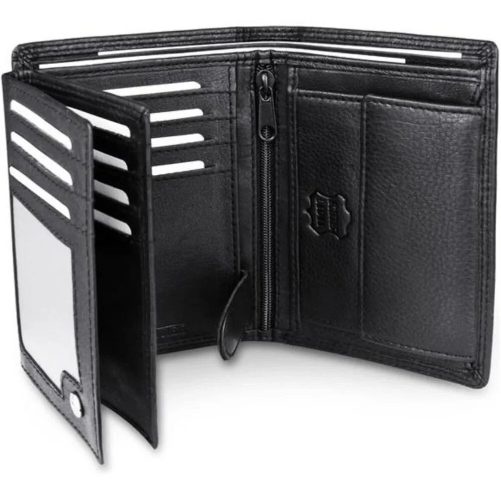 Mens Black Nappa Genuine Leather Wallet Trifold Large Capacity Gift for Men Him